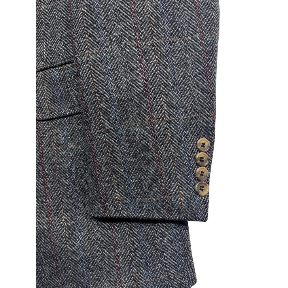 vtg Gray Herringbone 42R Tweed Blazer Windowpane Jacket 100% Wool Sport Coat